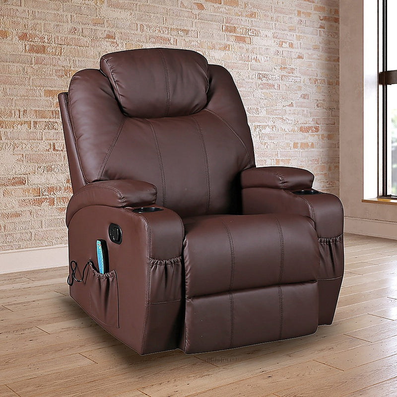 Dealsmate Brown Massage Sofa Chair Recliner 360 Degree Swivel PU Leather Lounge 8 Point Heated