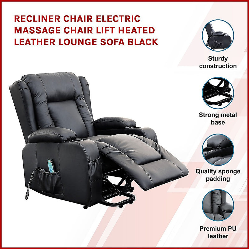 Dealsmate Recliner Chair Electric Massage Chair Lift Heated Leather Lounge Sofa Black