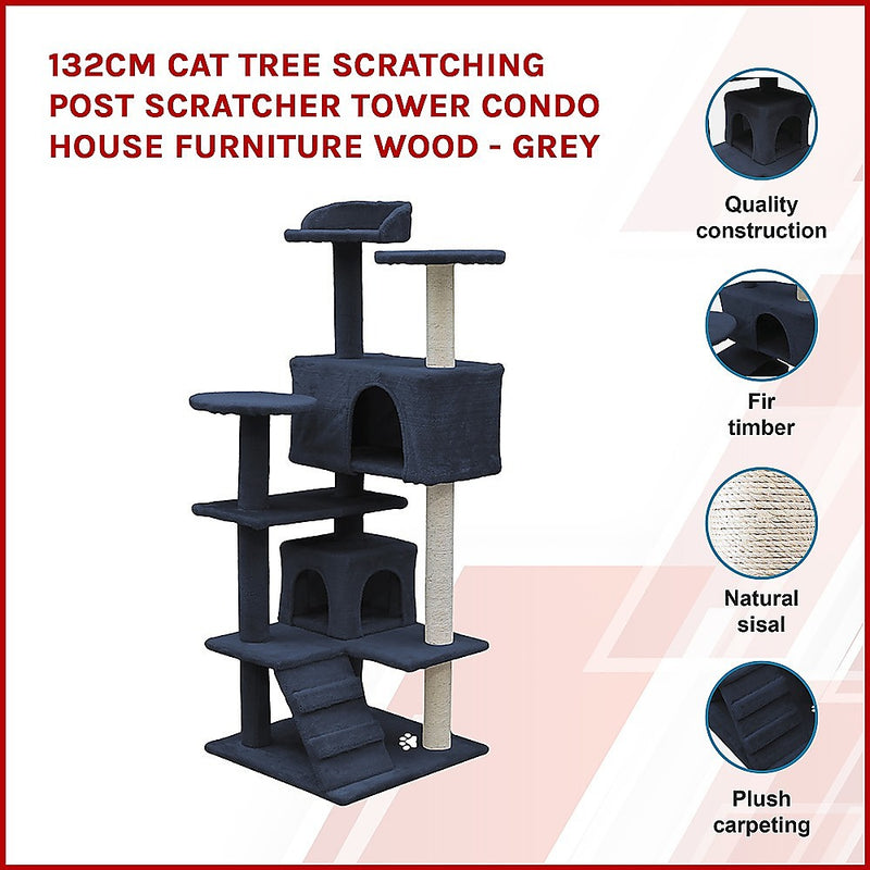 Dealsmate 132cm Cat Tree Scratching Post Scratcher Tower Condo House Furniture Wood - Grey