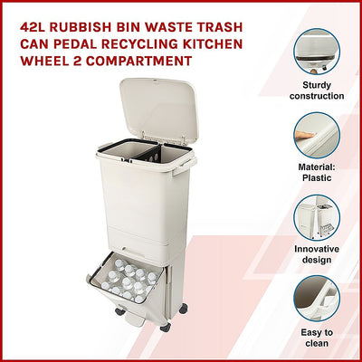 Dealsmate 42L Rubbish Bin Waste Trash Can Pedal Recycling Kitchen Wheel 2 Compartment