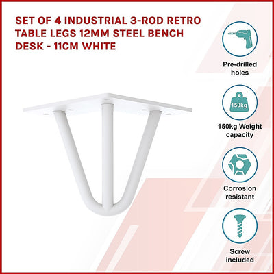 Dealsmate Set of 4 Industrial 3-Rod Retro Table Legs 12mm Steel Bench Desk - 11cm White