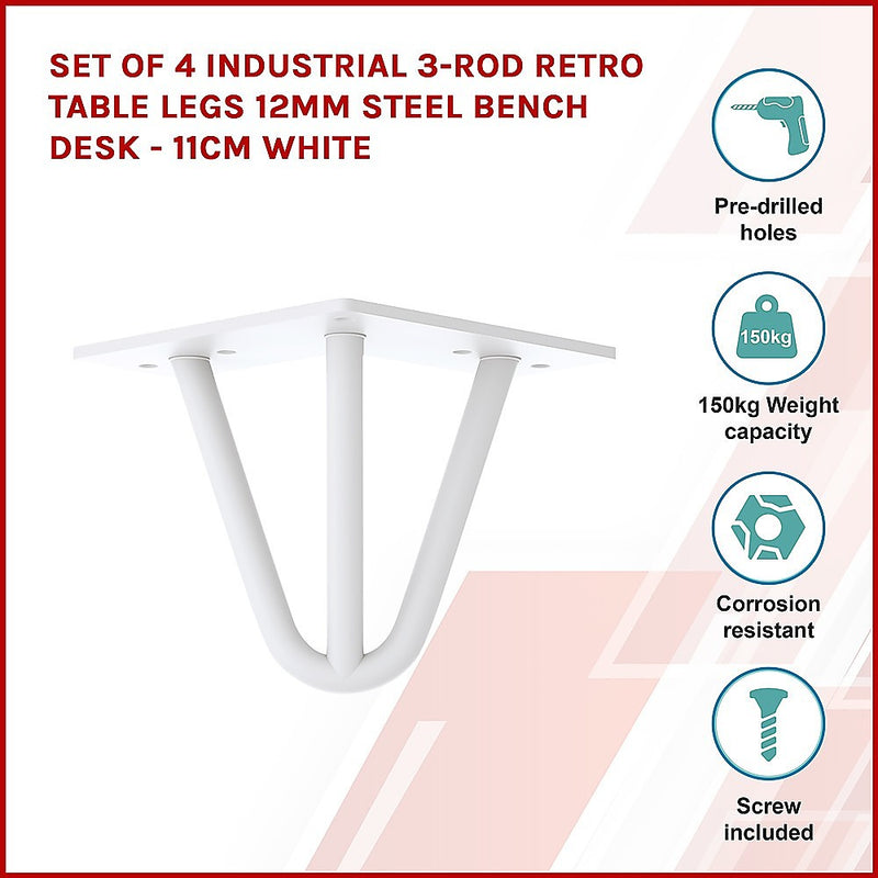Dealsmate Set of 4 Industrial 3-Rod Retro Table Legs 12mm Steel Bench Desk - 11cm White