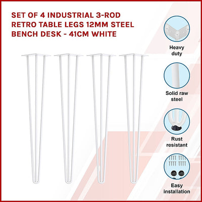 Dealsmate Set of 4 Industrial 3-Rod Retro Table Legs 12mm Steel Bench Desk - 41cm White