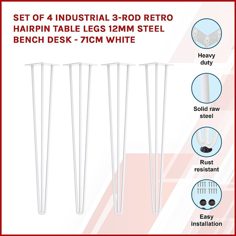 Dealsmate Set of 4 Industrial 3-Rod Retro Hairpin Table Legs 12mm Steel Bench Desk - 71cm White