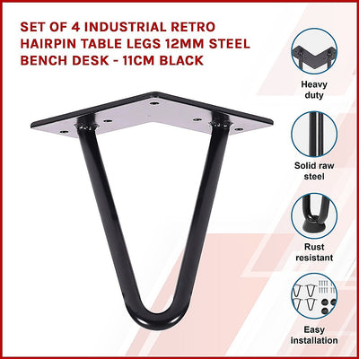 Dealsmate Set of 4 Industrial Retro Hairpin Table Legs 12mm Steel Bench Desk - 11cm Black