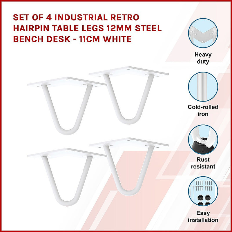 Dealsmate Set of 4 Industrial Retro Hairpin Table Legs 12mm Steel Bench Desk - 11cm White