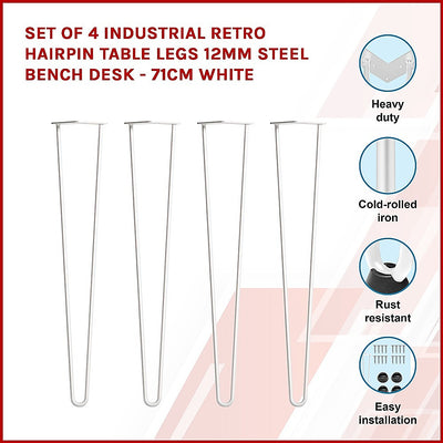 Dealsmate Set of 4 Industrial Retro Hairpin Table Legs 12mm Steel Bench Desk - 71cm White
