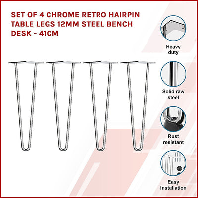 Dealsmate Set of 4 Chrome Retro Hairpin Table Legs 12mm Steel Bench Desk - 41cm