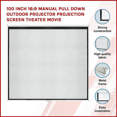 Dealsmate 100 Inch 16:9 Manual Pull Down Outdoor Projector Projection Screen Theater Movie