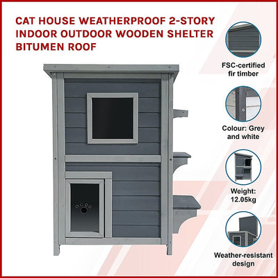 Dealsmate Cat House Weatherproof 2-Story Indoor Outdoor Wooden Shelter Bitumen Roof