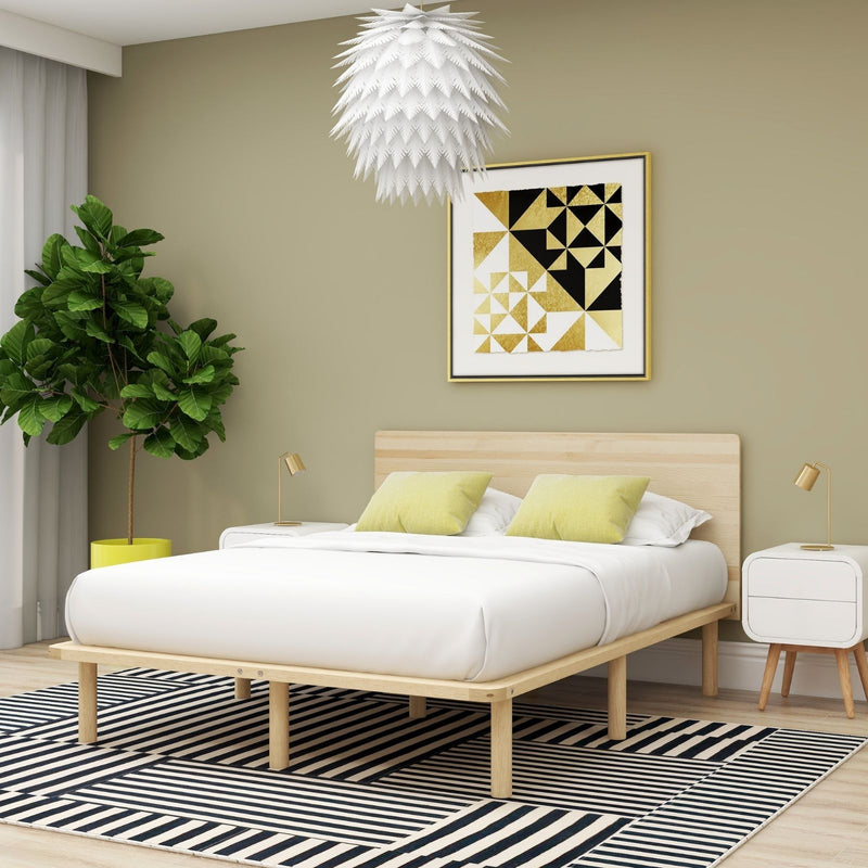 Dealsmate Natural Solid Wood Bed Frame Bed Base with Headboard King