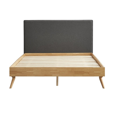 Dealsmate Natural Oak Ensemble Bed Frame Wooden Slat Fabric Headboard Queen