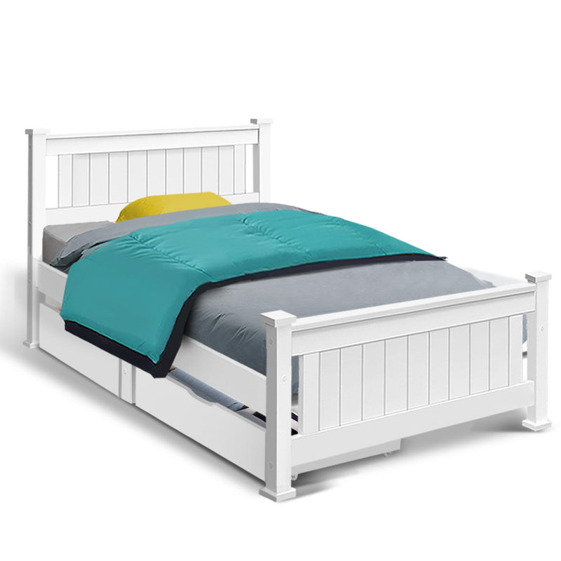 Dealsmate  Bed Frame Single Size Wooden with 2 Drawers White RIO