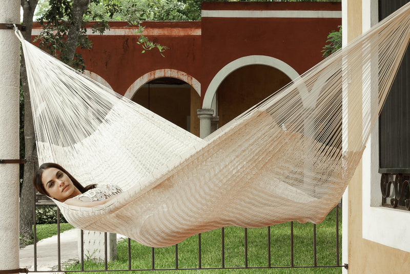 Dealsmate Mayan Legacy King Size Outdoor Cotton Mexican Hammock in Cream Colour