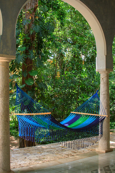 Dealsmate Mayan Legacy King Size Outdoor Cotton Mexican Resort Hammock With Fringe in Oceanica Colour