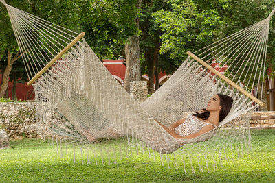 Dealsmate Mayan Legacy Queen Size Outdoor Cotton Mexican Resort Hammock With Fringe in Cream Colour