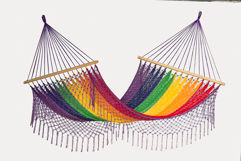 Dealsmate Mayan Legacy King Size Outdoor Cotton Mexican Resort Hammock With Fringe in Rainbow Colour