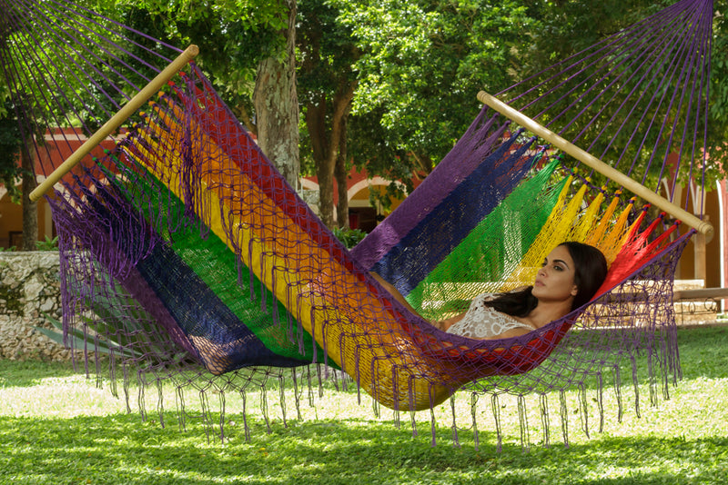 Dealsmate Mayan Legacy King Size Outdoor Cotton Mexican Resort Hammock With Fringe in Rainbow Colour
