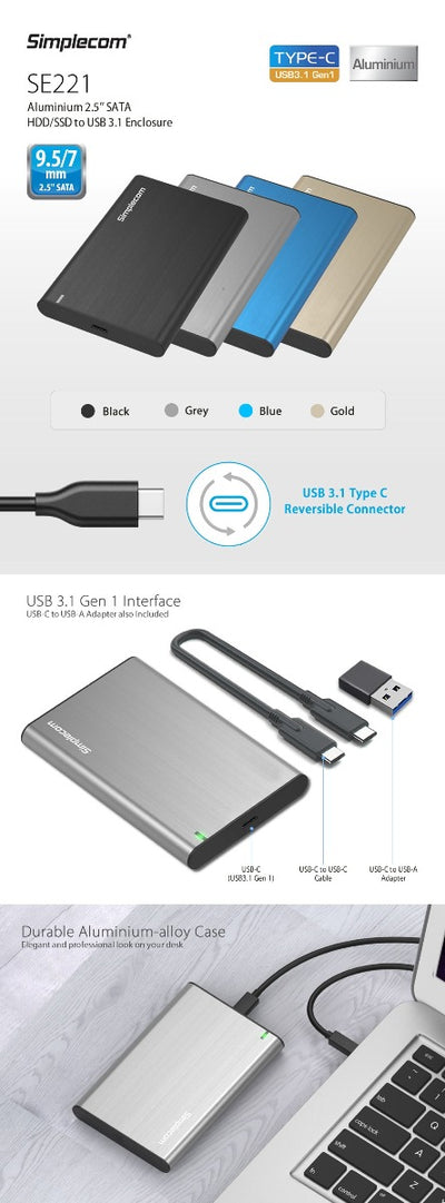 Dealsmate Simplecom SE221 Aluminium 2.5'' SATA HDD/SSD to USB 3.1 Enclosure Black